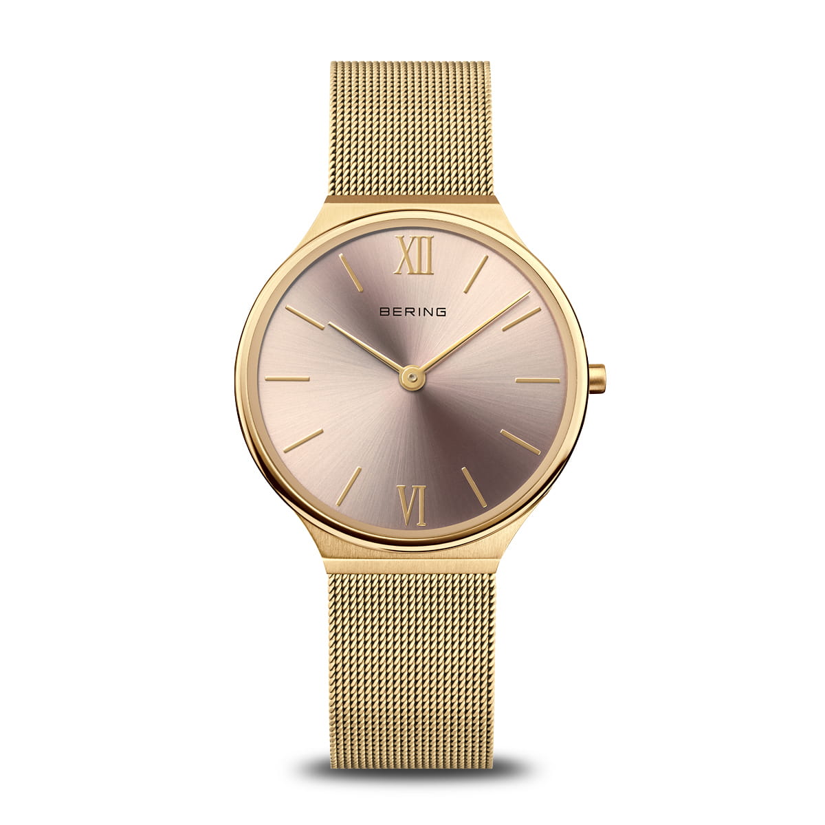 Damenarmbanduhr mit roségoldem Zifferblatt und goldfarbenem Mesh-Armband