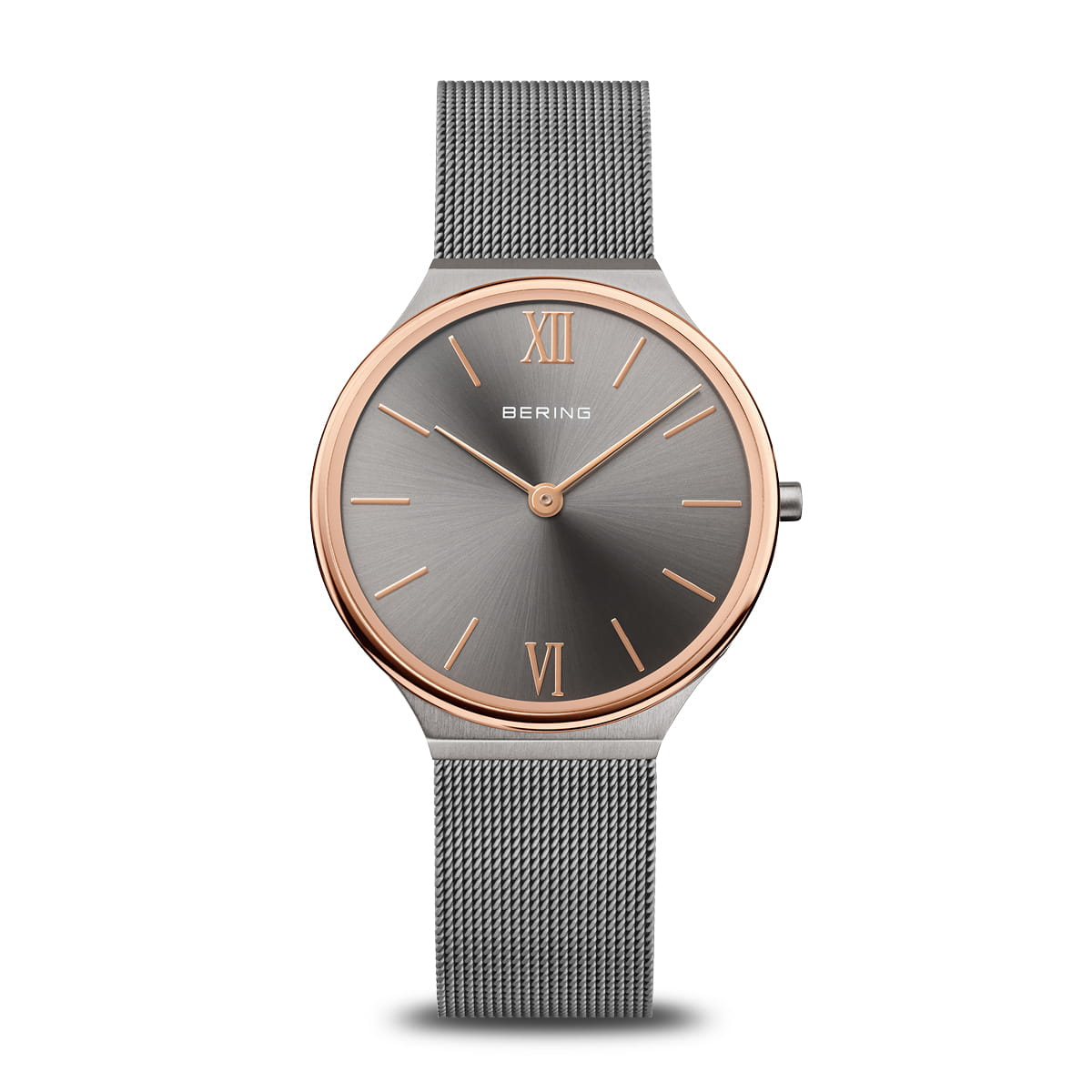 Damenarmbanduhr mit grauem Zifferblatt, roségoldener Lünette und silbernem Mesh-Armband