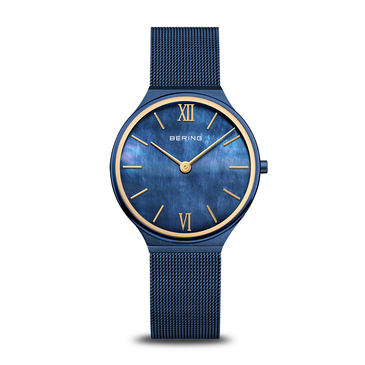 Damenarmbanduhr mit blauem Zifferblatt, goldenen römischen Ziffern und blauem Mesh-Armband