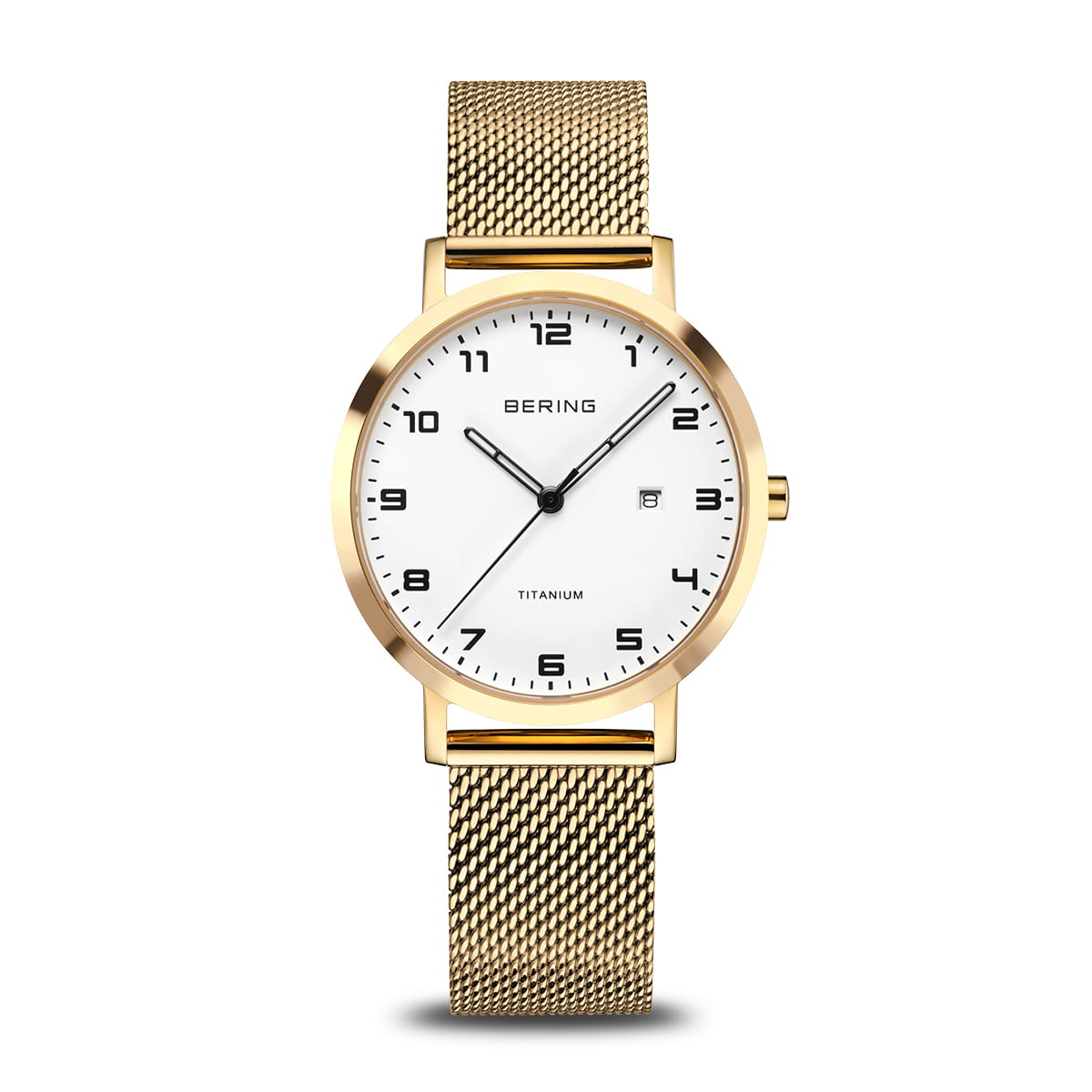 Damenarmbanduhr mit weißem Zifferblatt, goldfarbenem Gehäuse und goldfarbenem Mesh-Armband