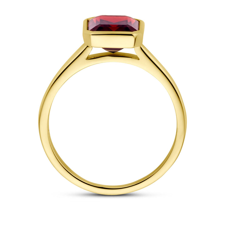 Een 14K geelgouden ring granaat van Van der Kooij Collectie, met een hexagon-vormige rode granaat in solitaire zetting, gefotografeerd van opzij voor de slanke band en opvallende steen.