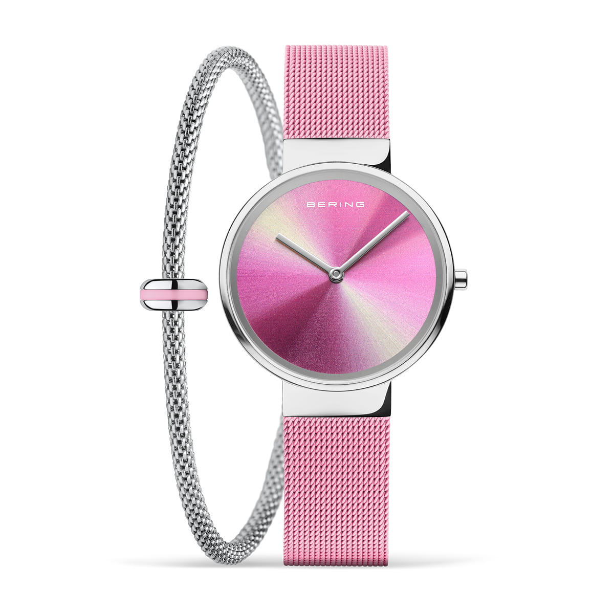 Damenarmbanduhr mit mehrfarbigem Zifferblatt und pinkem Mesh-Armband