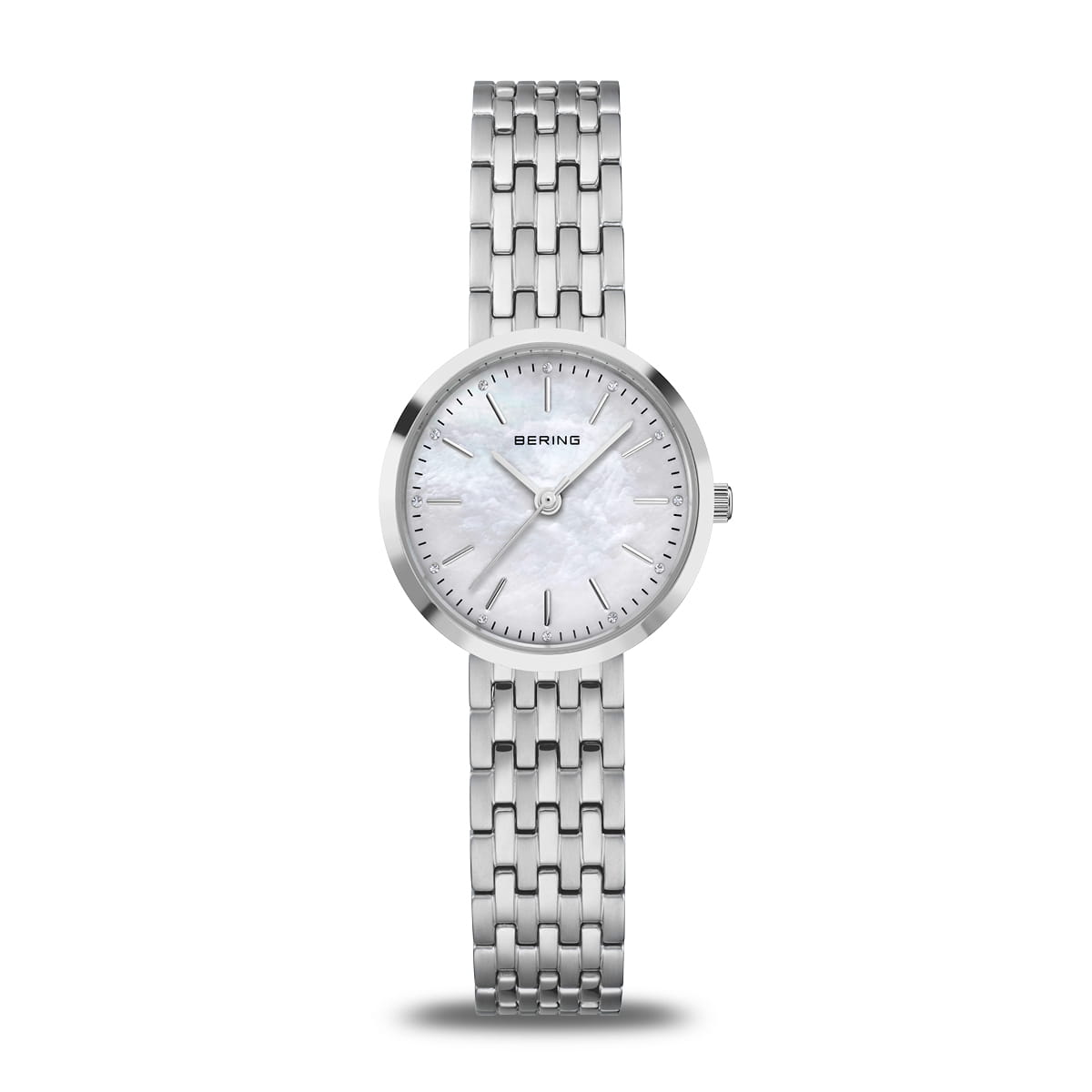 Damenarmbanduhr mit perlmuttem Zifferblatt und silbernem Mesh-Armband