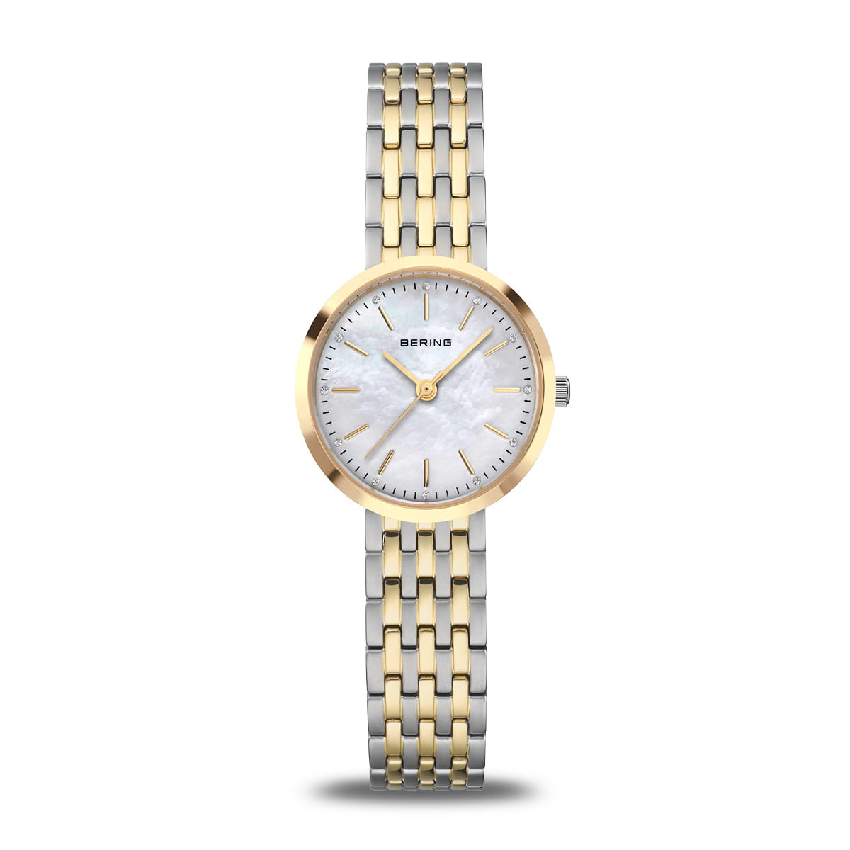 Damenarmbanduhr mit perlmuttem Zifferblatt, goldfarbenem Gehäuse und zweifarbigem Armband aus Edelstahl