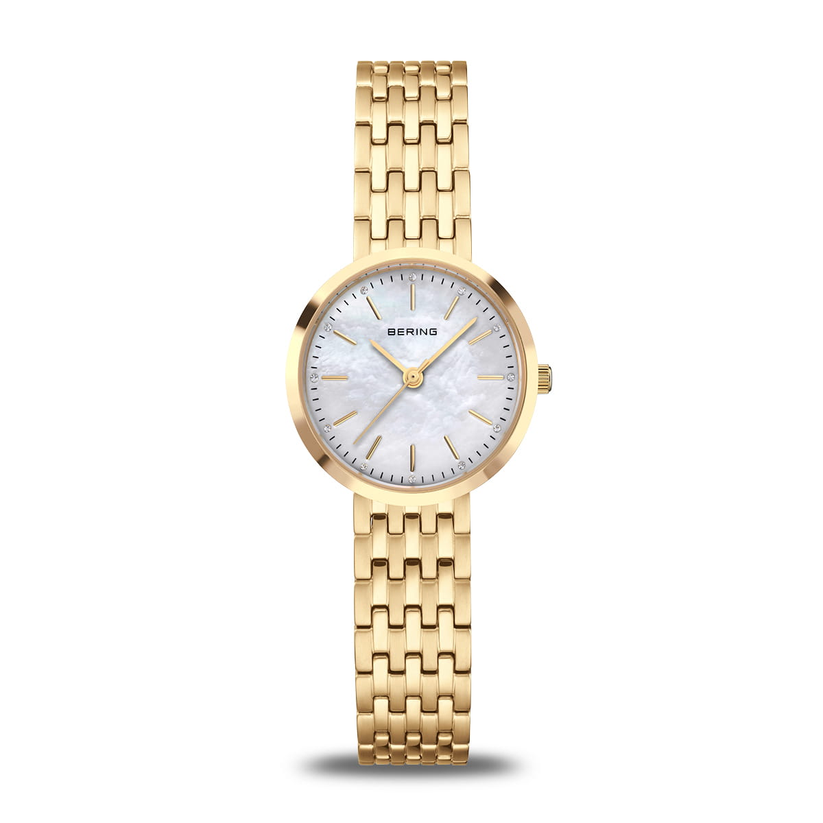 Damenarmbanduhr mit perlmuttem Zifferblatt und goldfarbenem Mesh-Armband