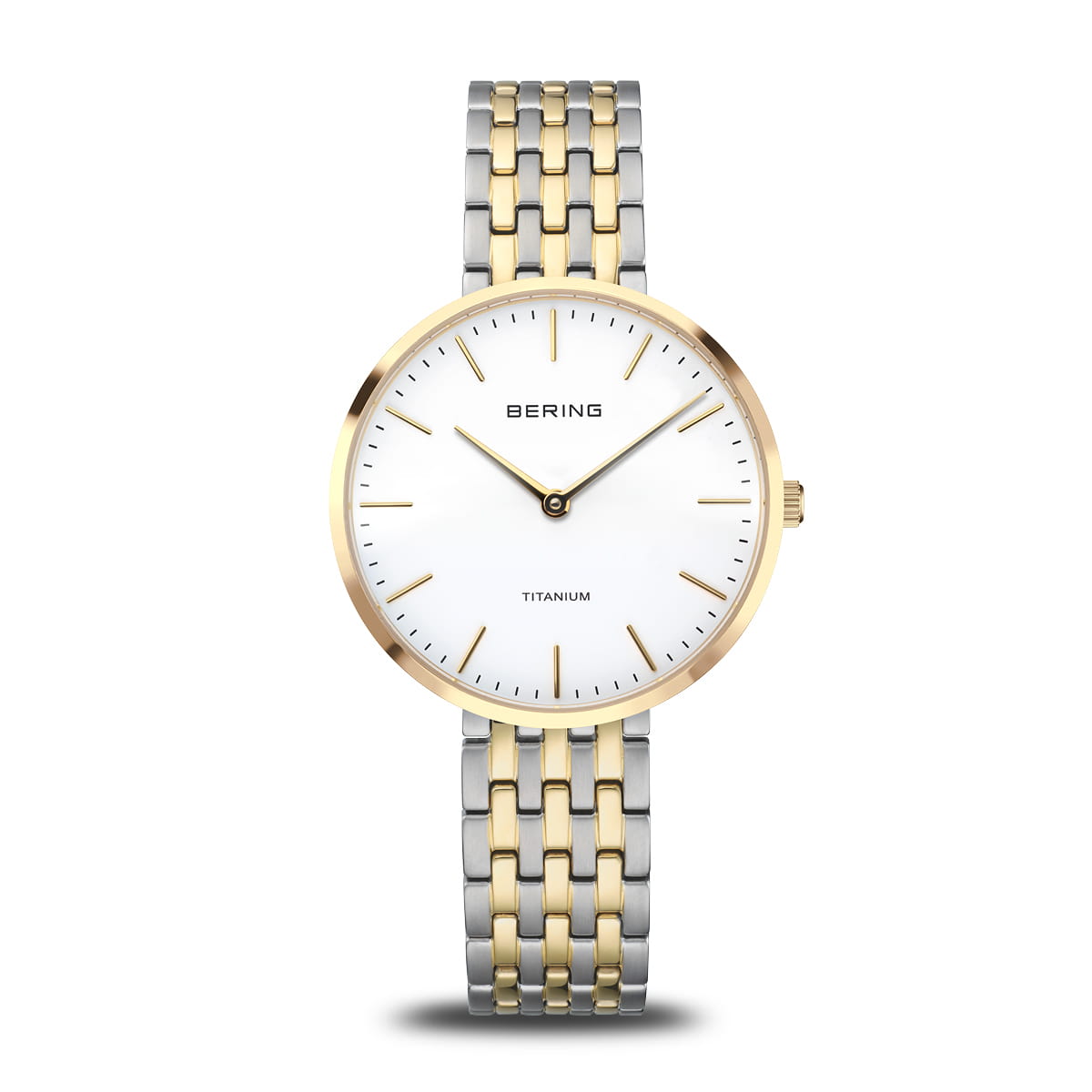 Damenarmbanduhr mit weißem Zifferblatt, goldfarbenem Gehäuse und zweifarbigem Mesh-Armband