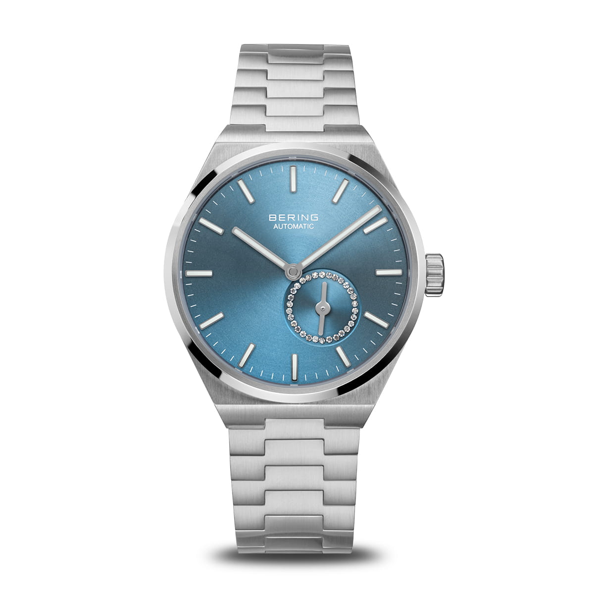 Damenarmbanduhr mit blauem Zifferblatt und silbernem Gehäuse sowie Armband aus Edelstahl