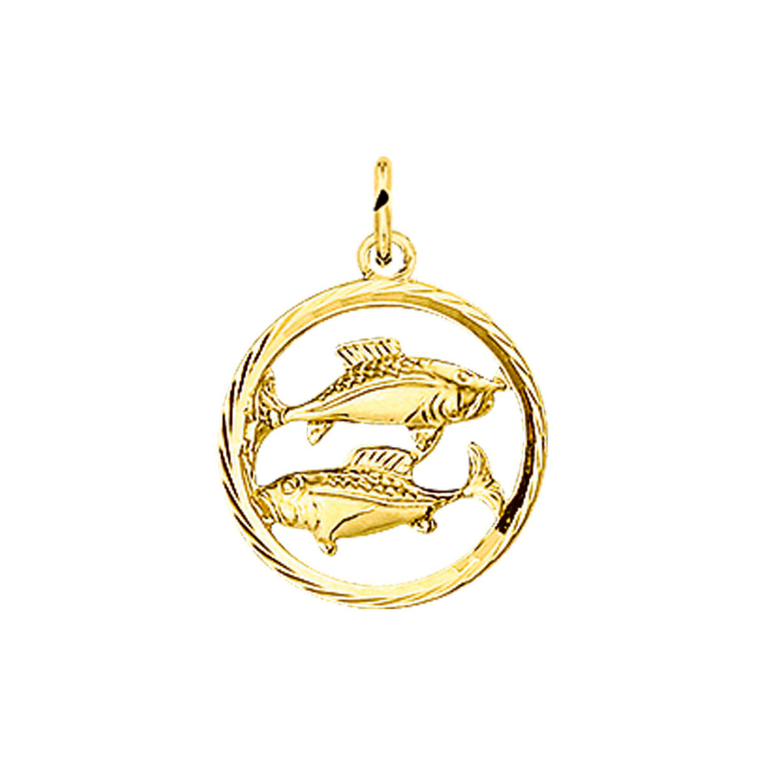 De hanger sterrenbeeld gediamanteerd 14K geelgoud van Van der Kooij Collectie toont twee vissen in een ronde vorm als symbool voor het sterrenbeeld Vissen. Tijdloos uniseks sieraad, gefotografeerd op een witte achtergrond.