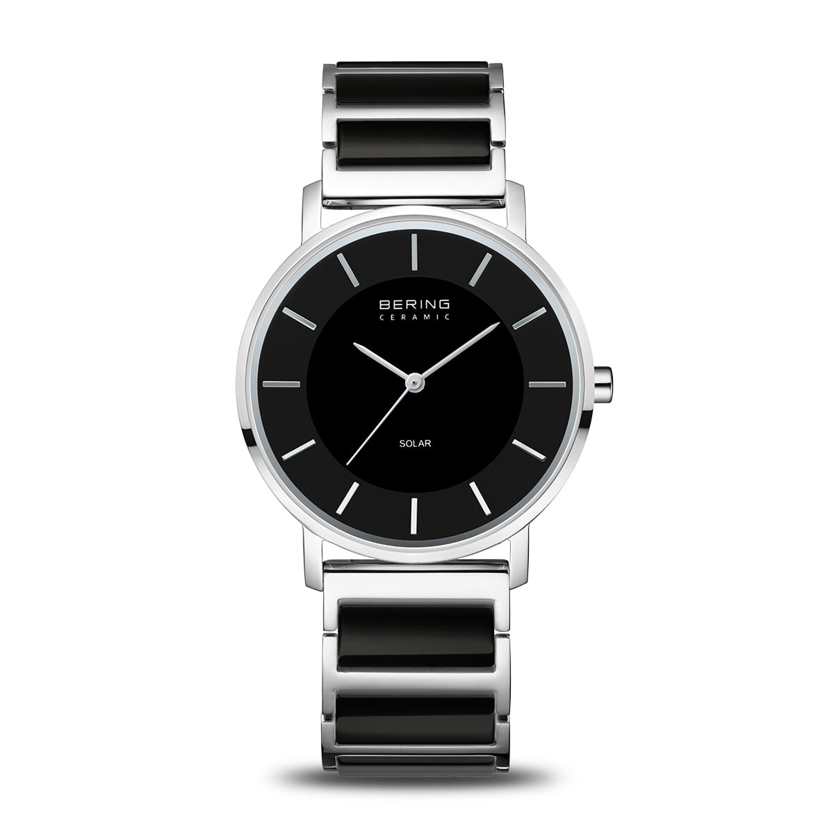 Damenarmbanduhr mit schwarzem Zifferblatt und silbernem Gehäuse sowie schwarzem Armband