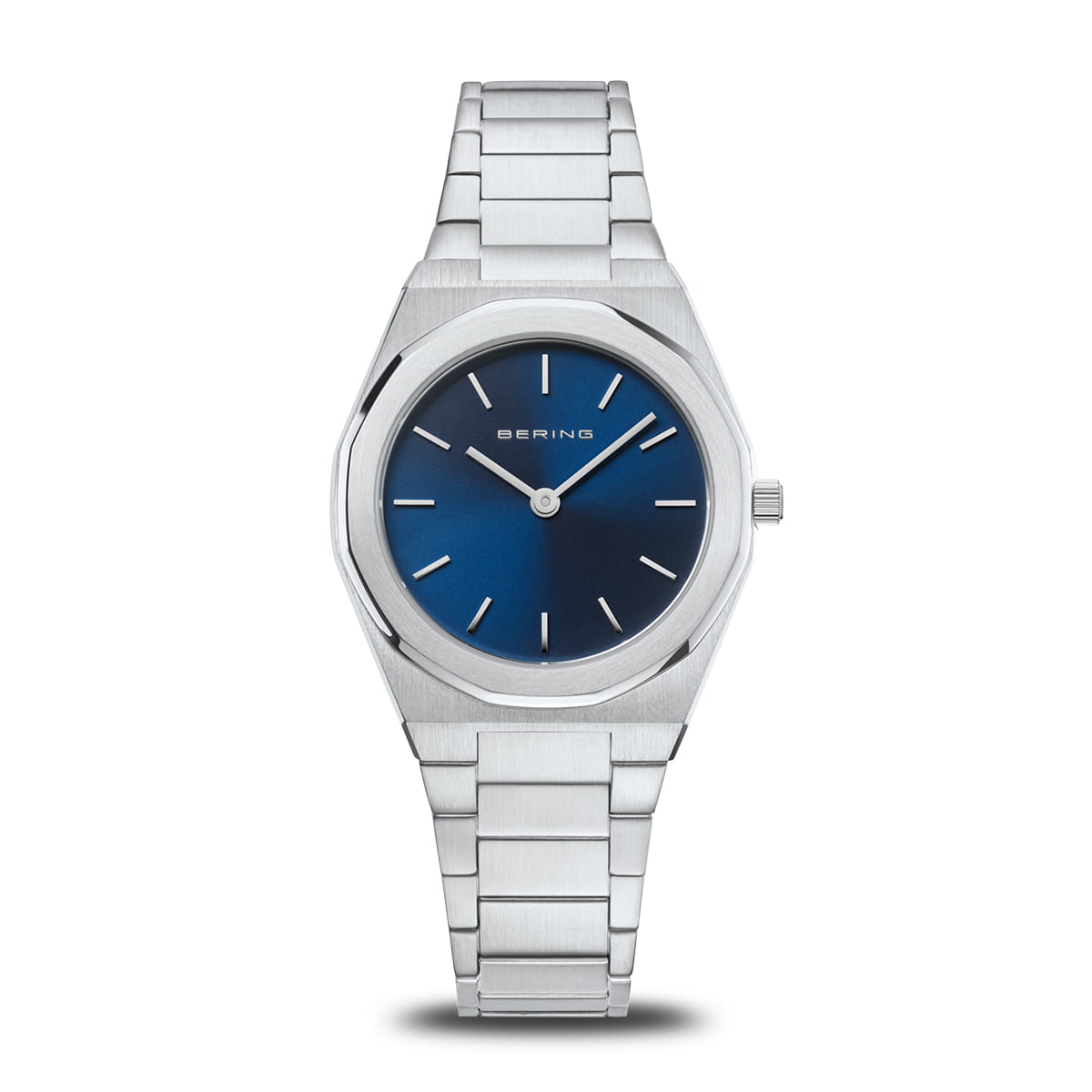 Damenarmbanduhr mit blauem Zifferblatt und silbernem Gehäuse sowie Armband aus Edelstahl