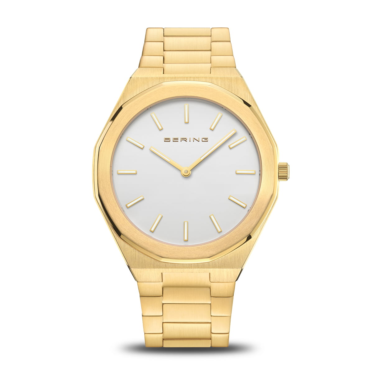 Herrenarmbanduhr mit silbernem Zifferblatt und goldfarbenem Gehäuse sowie goldfarbenem Armband