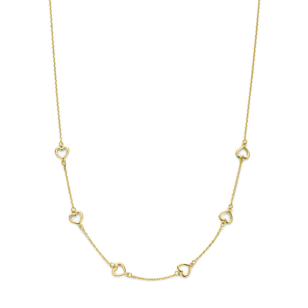 De Gouden dames ketting hartjes 14K van Van der Kooij Collectie heeft delicate open hart bedels gelijkmatig verdeeld langs een fijne gouden ketting.