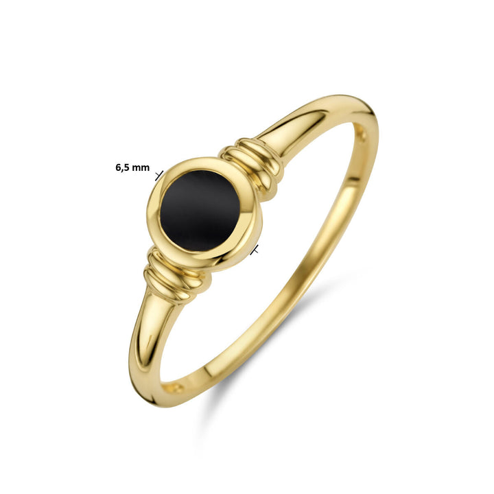 De ring onyx 14K geelgoud van Van der Kooij Collectie heeft een rond onyx middenstuk (6,5 mm) gezet in een gepolijste, gegroefde 14k geelgouden band.