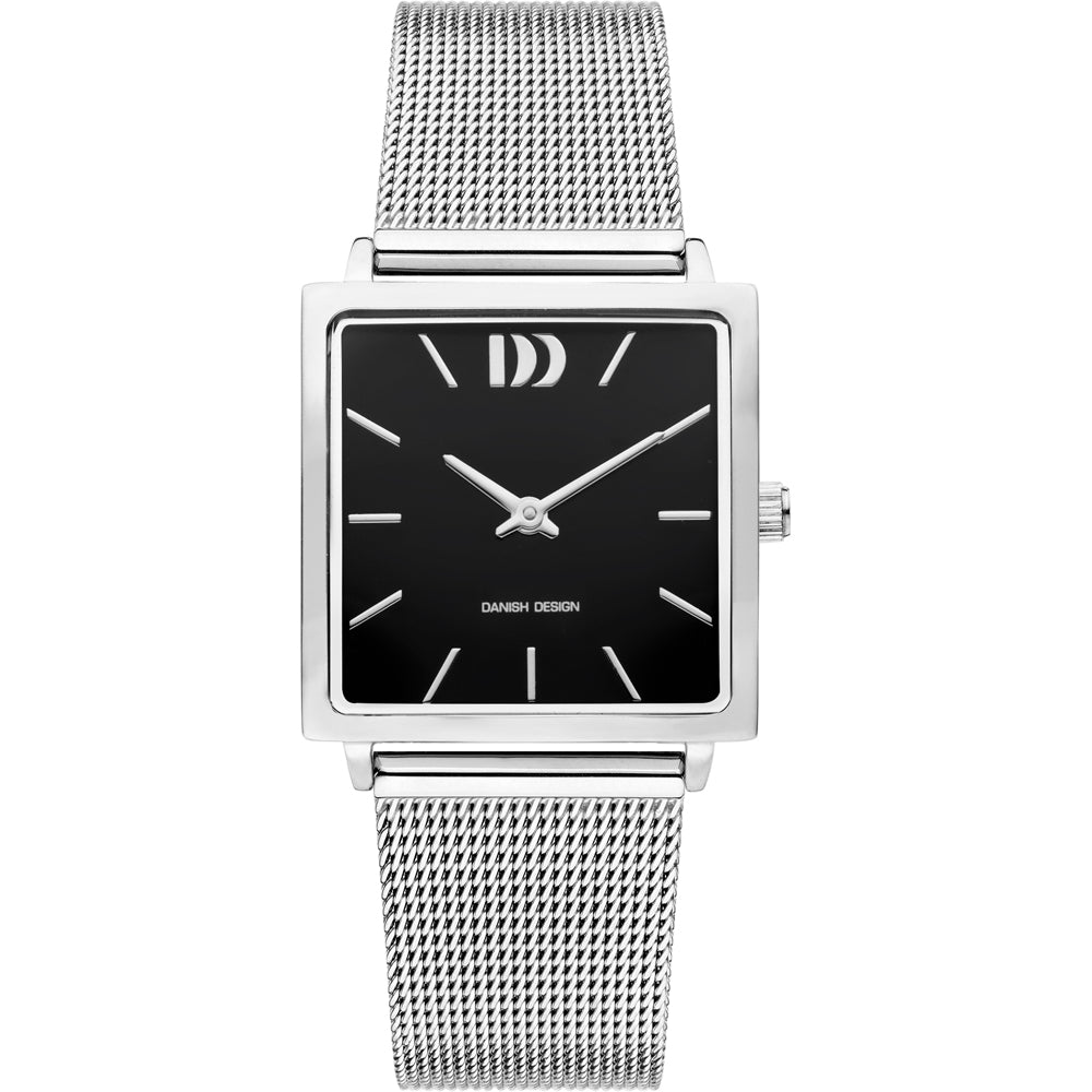 Armbanduhr mit quadratischem Gehäuse, schwarzem Zifferblatt und silbernem Mesh-Armband