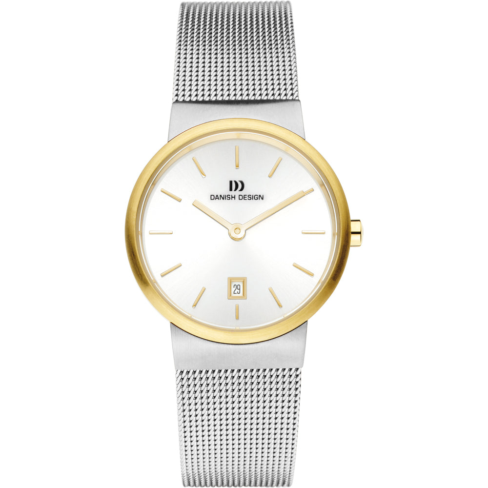 Uhr mit silbernem Mesh-Armband, goldfarbenem Gehäuse und silbernem Zifferblatt