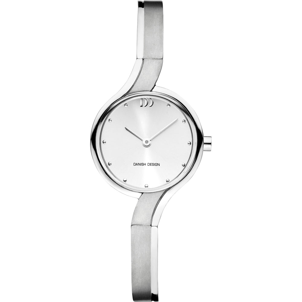 Uhr mit silbernem Gehäuse und Zifferblatt, schmalem Armband aus Edelstahl und minimalistischen Details