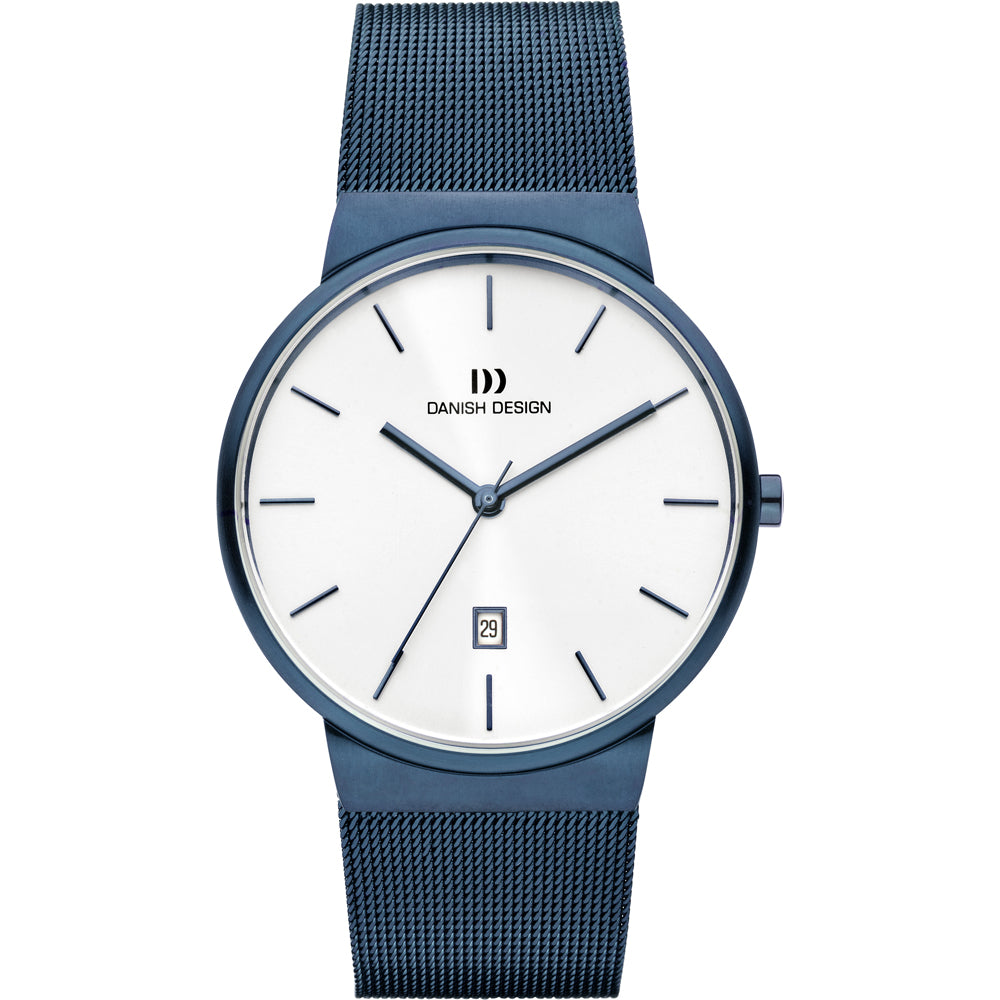 Herrenarmbanduhr mit silbernem Zifferblatt und blauem Mesh-Armband
