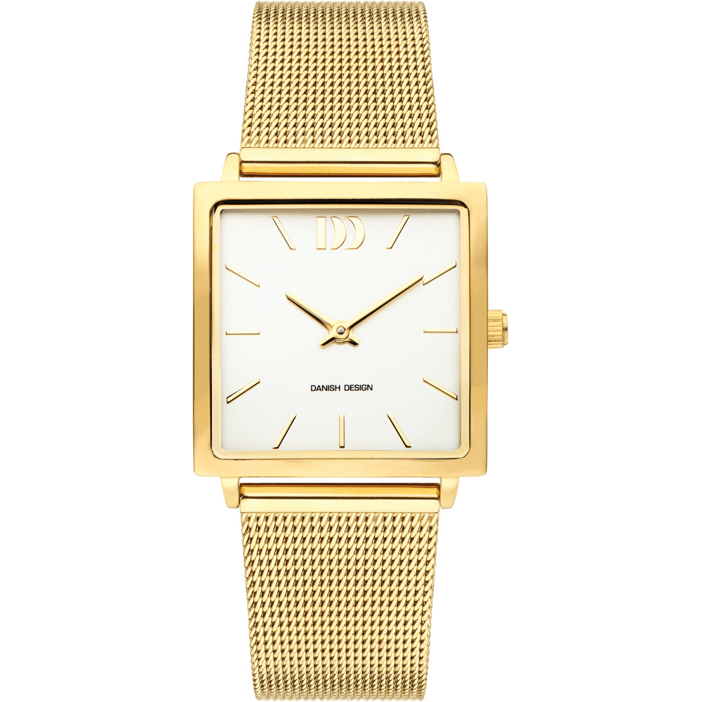 Quarzuhr mit quadratischem Gehäuse, goldfarbenem Mesh-Armband und weißem Zifferblatt