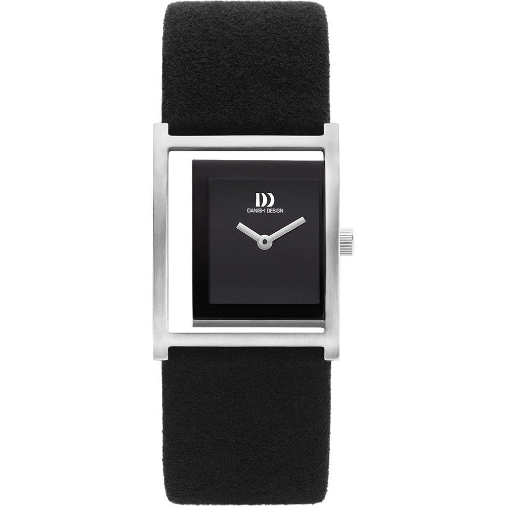 Damenarmbanduhr mit schwarzem Zifferblatt und schwarzem Lederarmband, quadratisches Gehäuse aus Silber