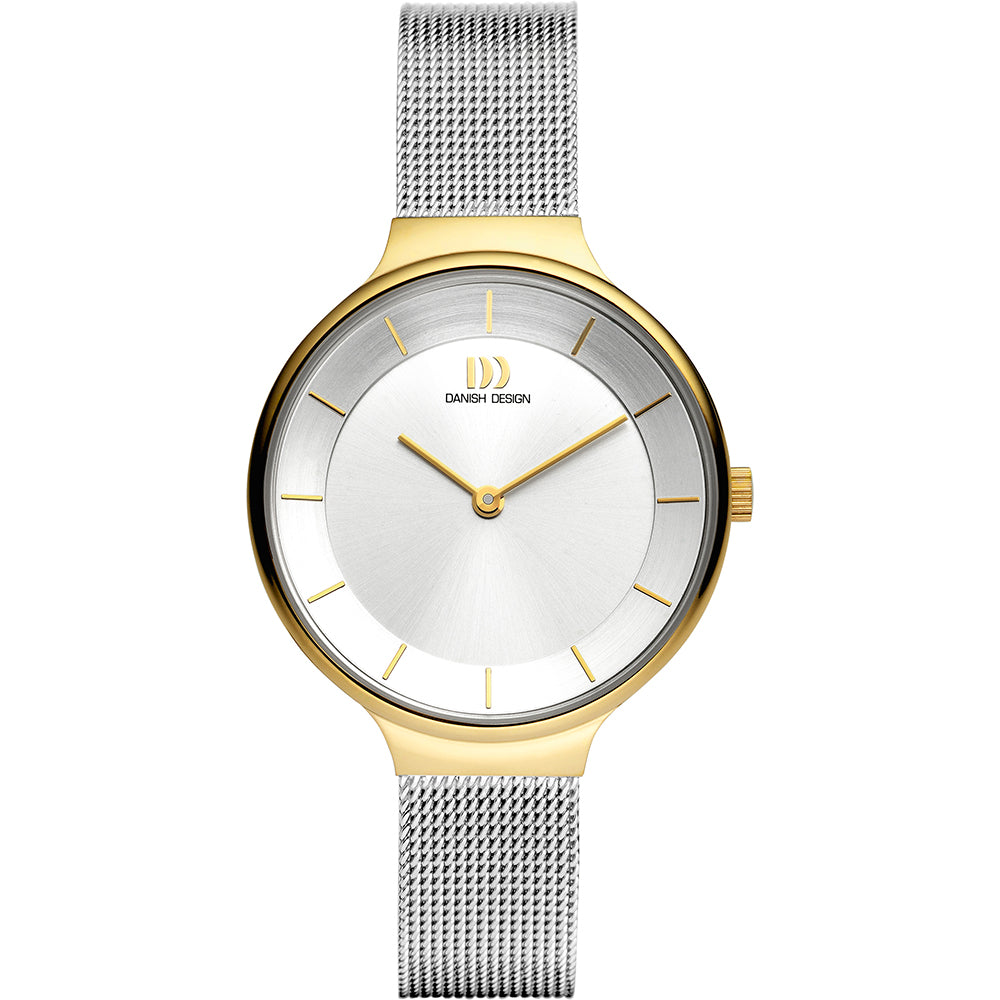 Uhr mit silbernem Mesh-Armband, goldfarbenem Gehäuse und silbernem Zifferblatt mit goldenen Indizes