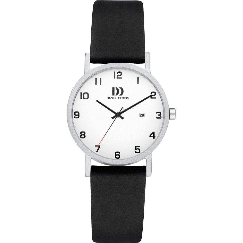 Uhr mit silbernem Gehäuse, weißem Zifferblatt und schwarzem Lederarmband