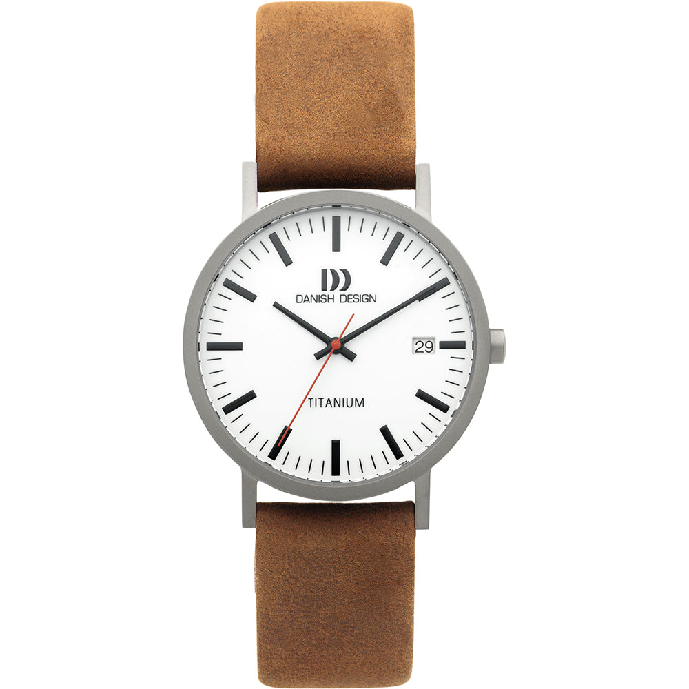 Uhr mit silbernem Gehäuse aus Titan, weißem Zifferblatt und braunem Lederarmband