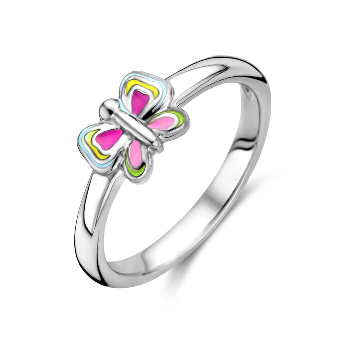 De Van der Kooij Collectie ring vlinder zilver gehodineerd is een kindersieraad met kleurrijke roze, geel, blauw en wit emaille vlinderontwerp, gebruikelijk op een witte achtergrond.