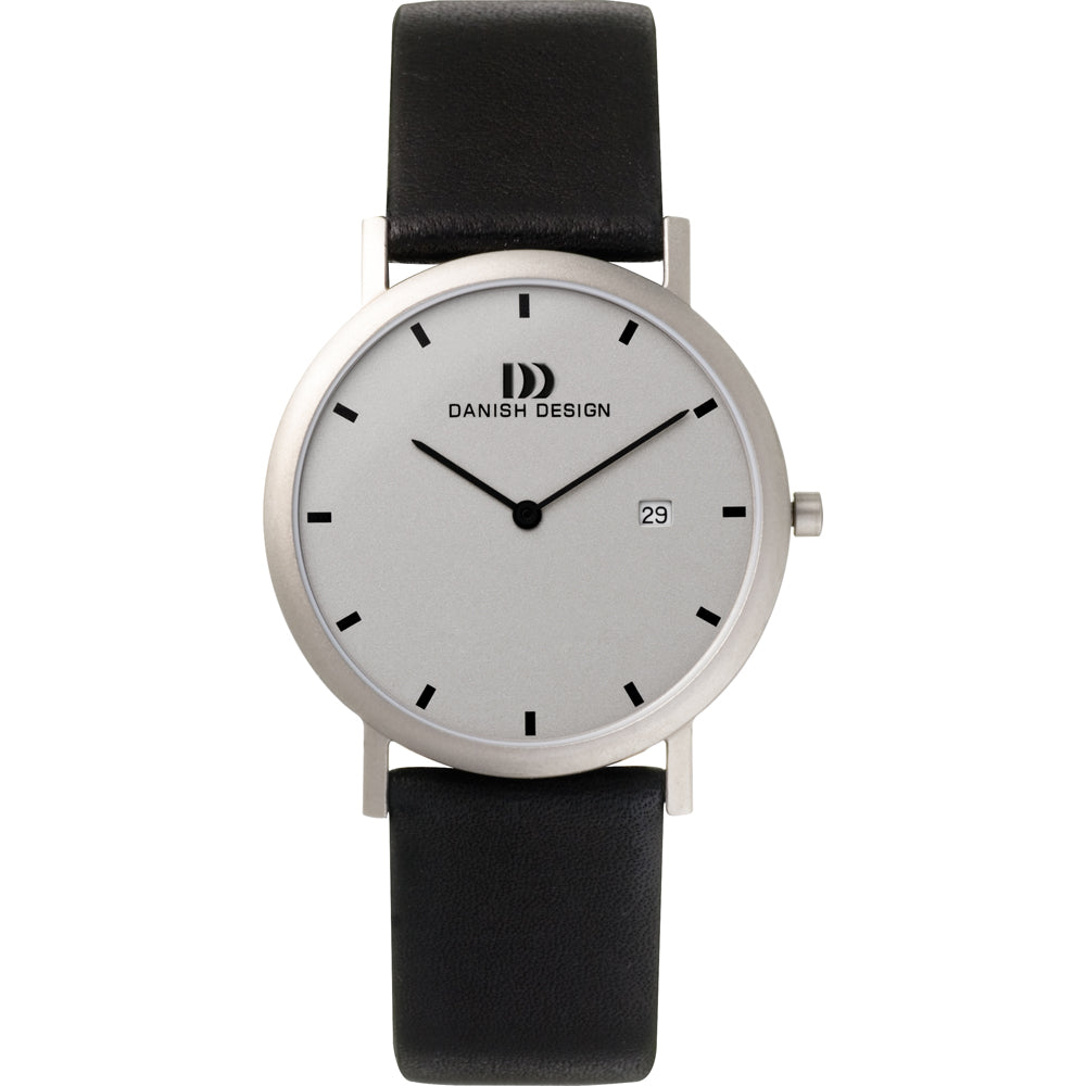 Uhr mit silbernem Gehäuse, weißem Zifferblatt und schwarzem Lederarmband