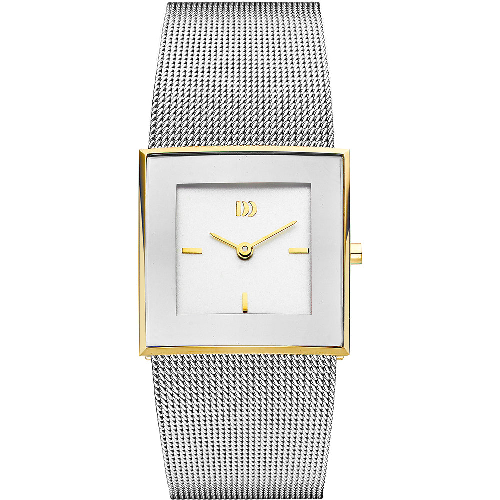 Damenarmbanduhr mit quadratischem Gehäuse, weißem Zifferblatt und silbernem Mesh-Armband