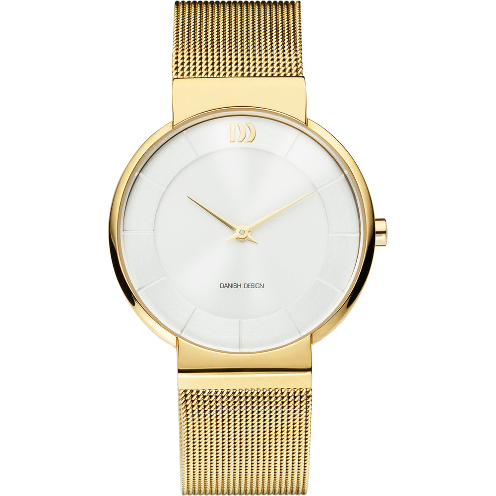 Uhr mit goldenem Gehäuse, weißem Zifferblatt und goldenem Mesh-Armband