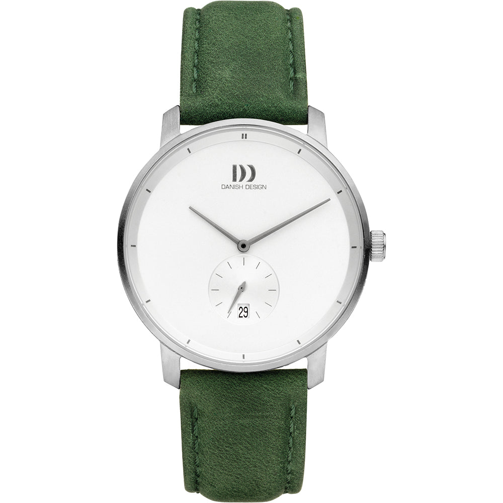 Uhr mit silbernem Gehäuse, weißem Zifferblatt und grünem Lederarmband