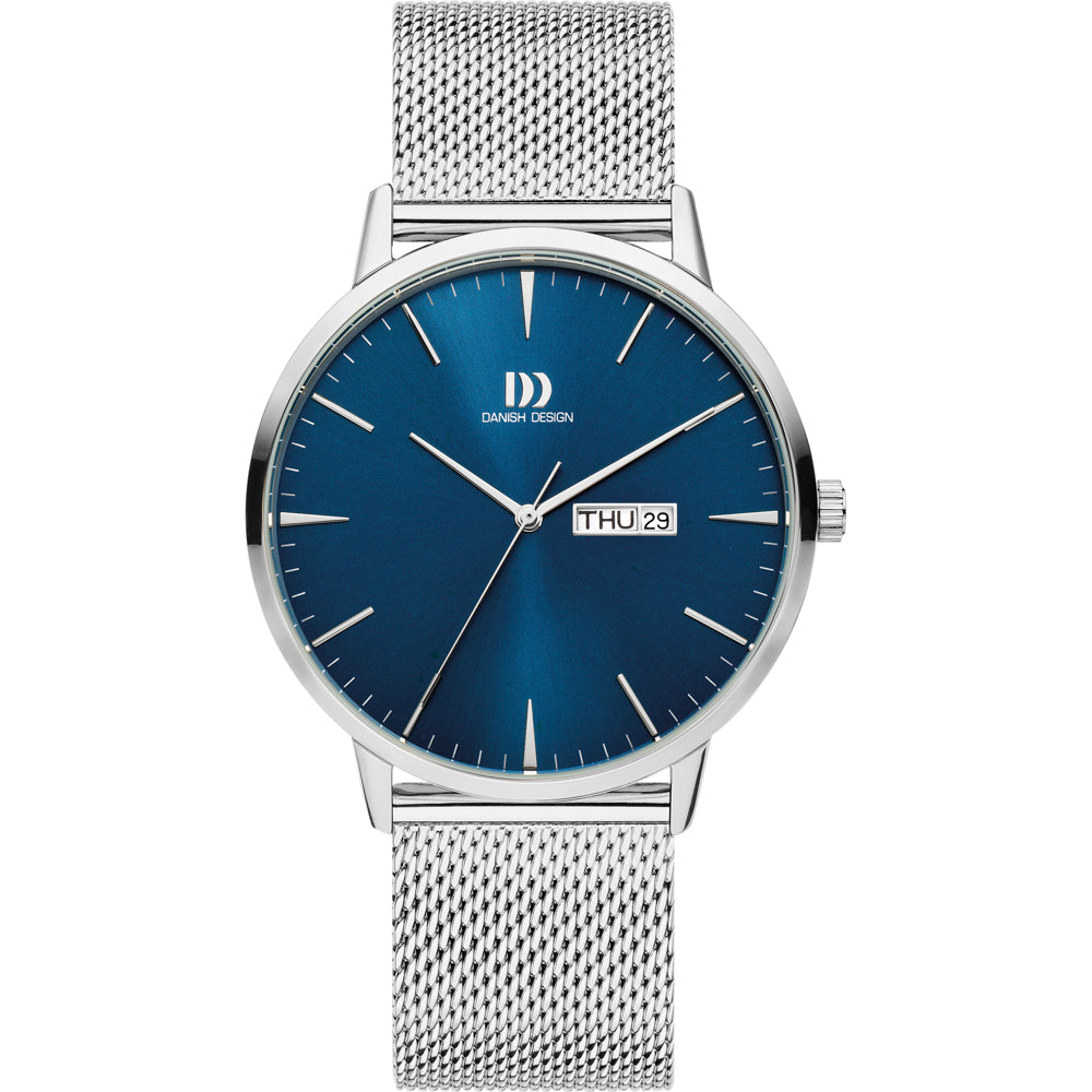 Herrenarmbanduhr mit blauem Zifferblatt, silbernem Gehäuse und silbernem Mesh-Armband