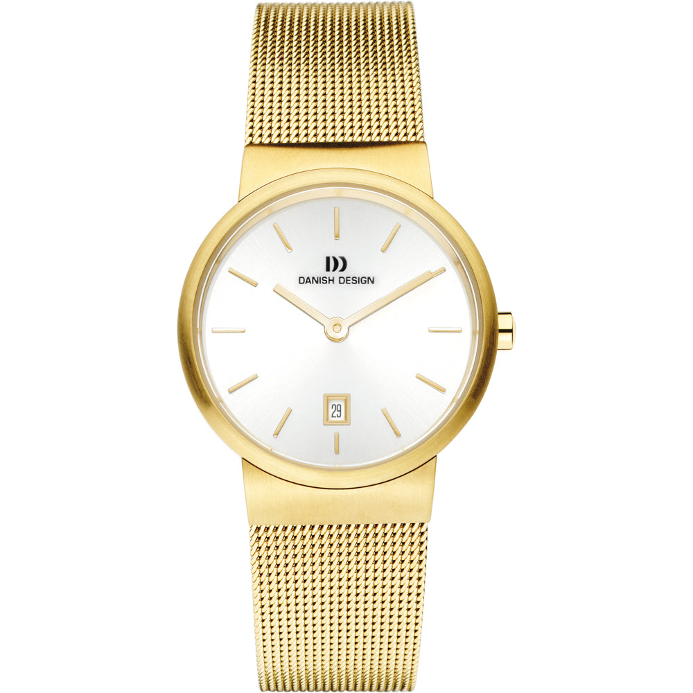 Uhr mit goldenem Gehäuse, silbernem Zifferblatt und goldenem Mesh-Armband