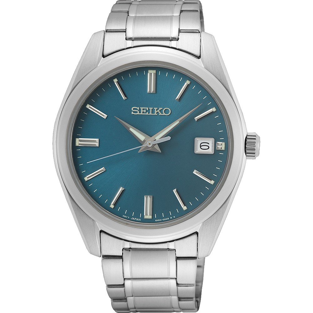 Herrenarmbanduhr mit blauem Zifferblatt, silbernem Gehäuse und Armband, Datumsanzeige bei drei Uhr