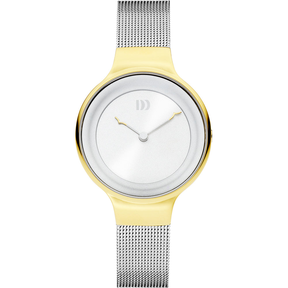 Uhr mit silbernem Mesh-Armband, goldfarbenem Gehäuse und weißem Zifferblatt