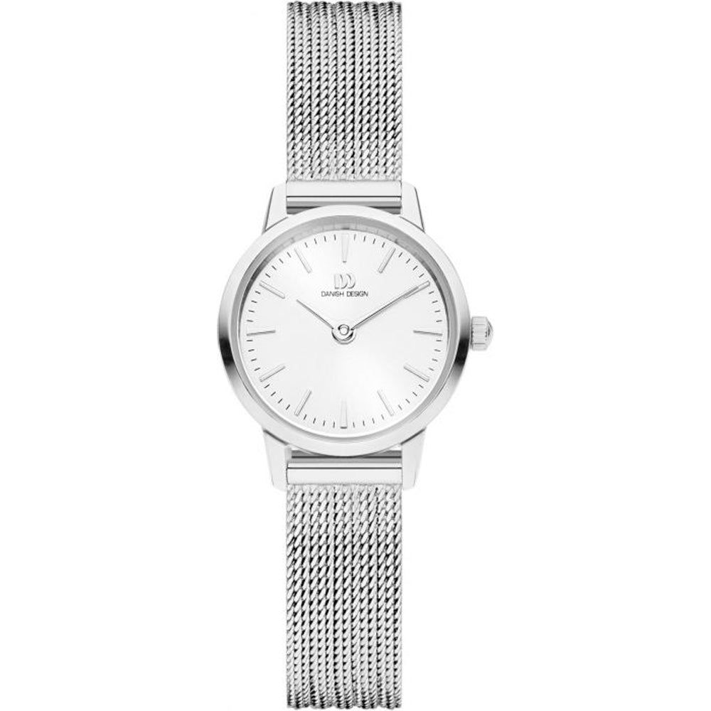 Uhr mit silbernem Gehäuse, weißem Zifferblatt und silbernem Mesh-Armband