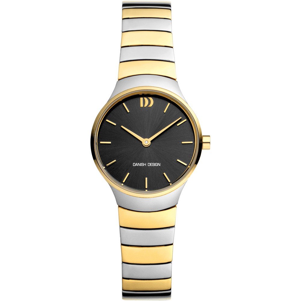 Uhr mit schwarzem Zifferblatt, silbernem Gehäuse und goldfarbenem Armband mit Streifen.
