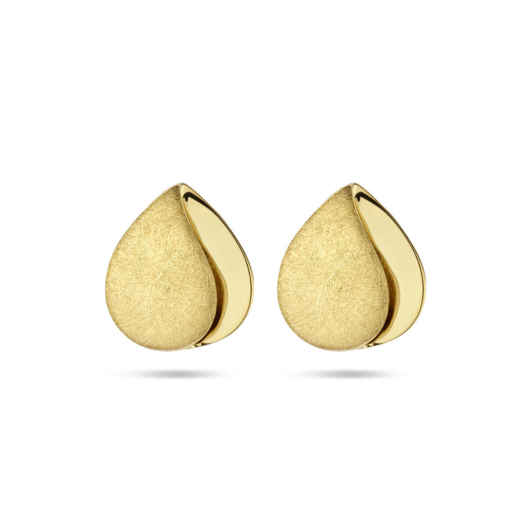 Van der Kooij Collectie oorknoppen poli/mat 14K geelgoud met matte voorkant en zelfgemaakte rand, traanvormig en getoond op een witte achtergrond. Gratis verzending aanmelden!.