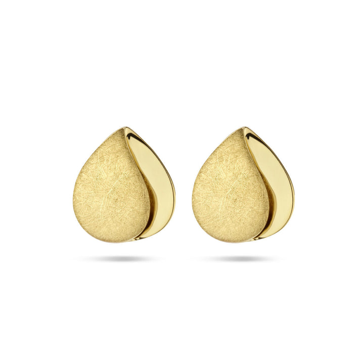 Van der Kooij Collectie oorknoppen poli/mat 14K geelgoud met matte voorkant en zelfgemaakte rand, traanvormig en getoond op een witte achtergrond. Gratis verzending aanmelden!.