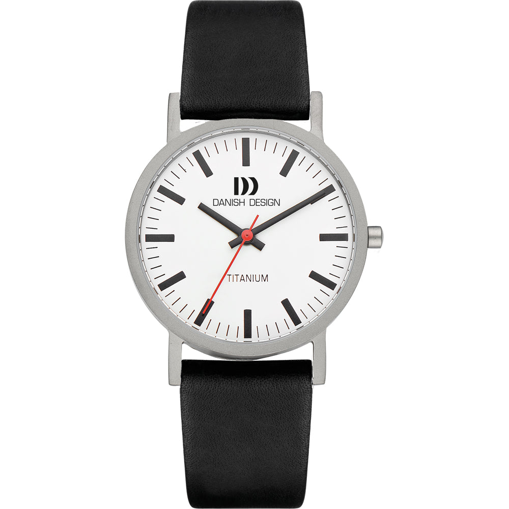 Uhr mit silbernem Gehäuse, weißem Zifferblatt und schwarzem Lederarmband