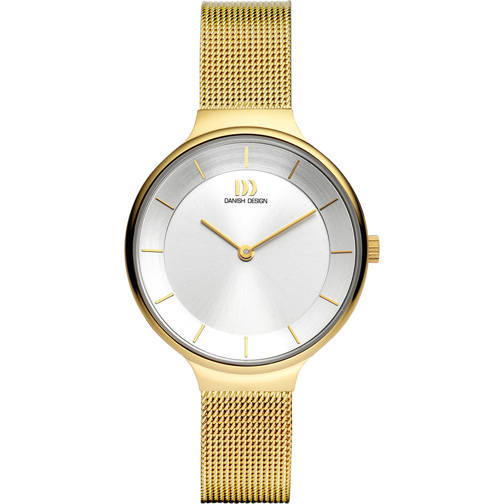 Uhr mit silbernem Zifferblatt, goldfarbenem Gehäuse und goldfarbenem Mesh-Armband