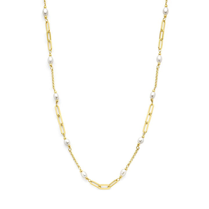 Zilver vergulde ketting dames parels 3 micron verguld (geel) van Van der Kooij Collectie, met afwisselende langwerpige schakels en ronde parels, elegant gepresenteerd tegen een witte achtergrond.