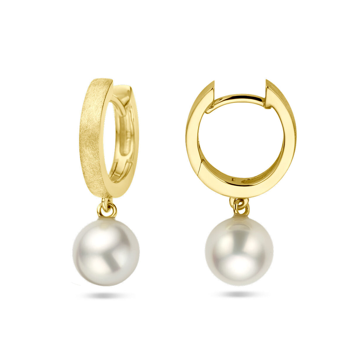 Klapp-Ohrringe aus 14K Gelbgold mit einer schlichten, gescratchten Oberfläche und einer hängenden Perle