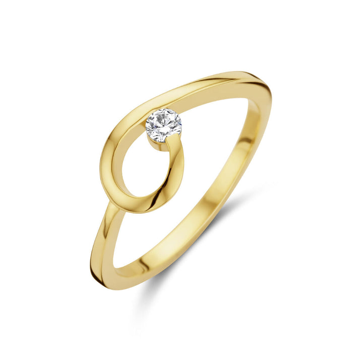 De Van der Kooij Collectie ring zirkonia 14K geelgoud heeft een elegante, wervelende geelgouden band met een centrale ronde zirkonia, afgebeeld op een effen witte achtergrond.