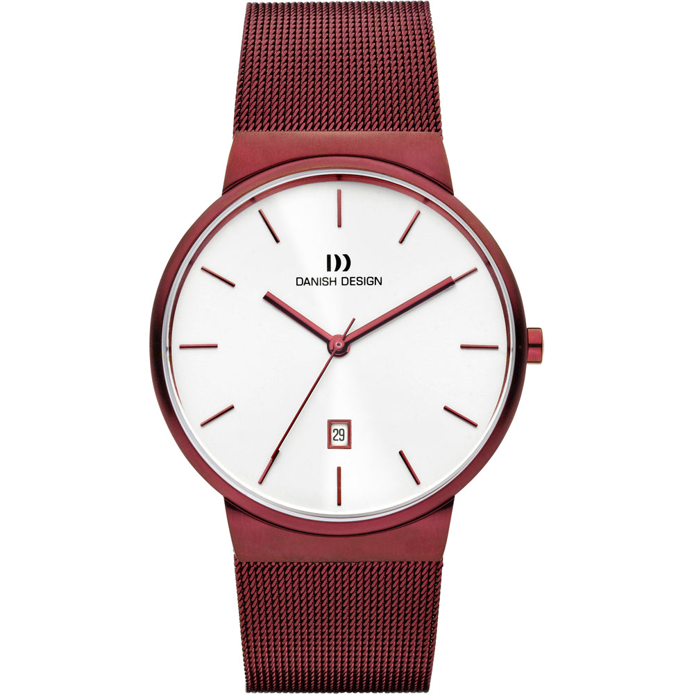 Uhr mit rotem Mesh-Armband und weißem Zifferblatt, Datumsanzeige und roten Zeigern