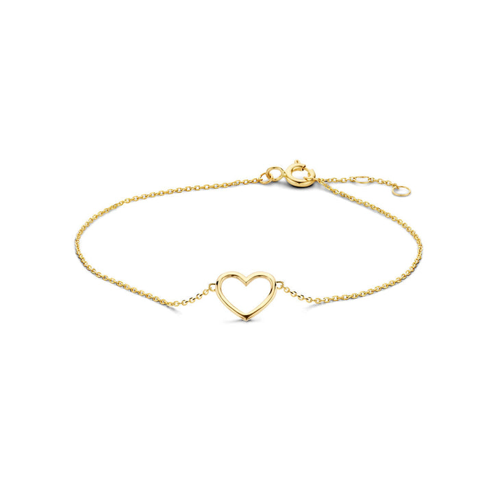De Gouden armband dames hart 14K van Van der Kooij Collectie is een verfijnd geelgouden armbandje met een open hartje als hanger en sluit met een karabijnsluiting. Minimalistisch en elegant ontwerp voor dames.