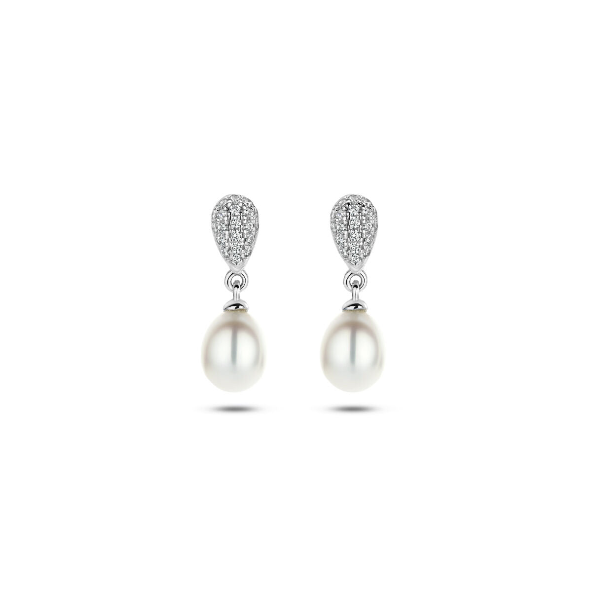 Ohrhänger mit einer Perle und Zirkonia in rhodiniertem Silber, tropfenförmiges Design