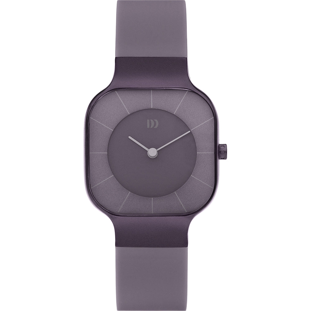 Uhr mit lila Zifferblatt und lila Silikonarmband in quadratischer Form