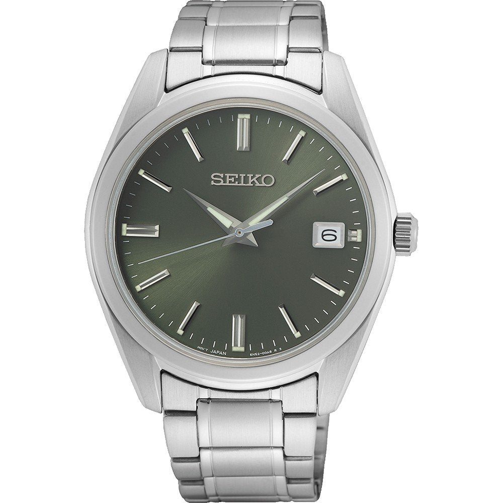 Herrenarmbanduhr mit grünem Zifferblatt, Edelstahlgehäuse und -armband, Datumsanzeige bei 3 Uhr