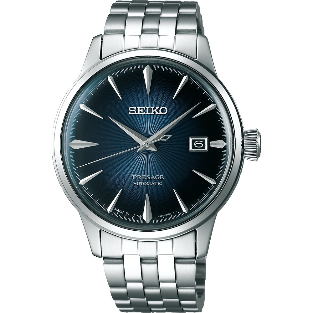 Herrenarmbanduhr mit blauem Zifferblatt, Edelstahlgehäuse und -armband, Datumsanzeige bei 3 Uhr